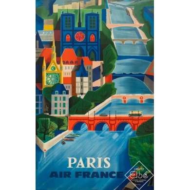 Affiche ancienne de voyage - Vernier - 1961 - Air France Paris Bridge - 99 par 61.5 cm