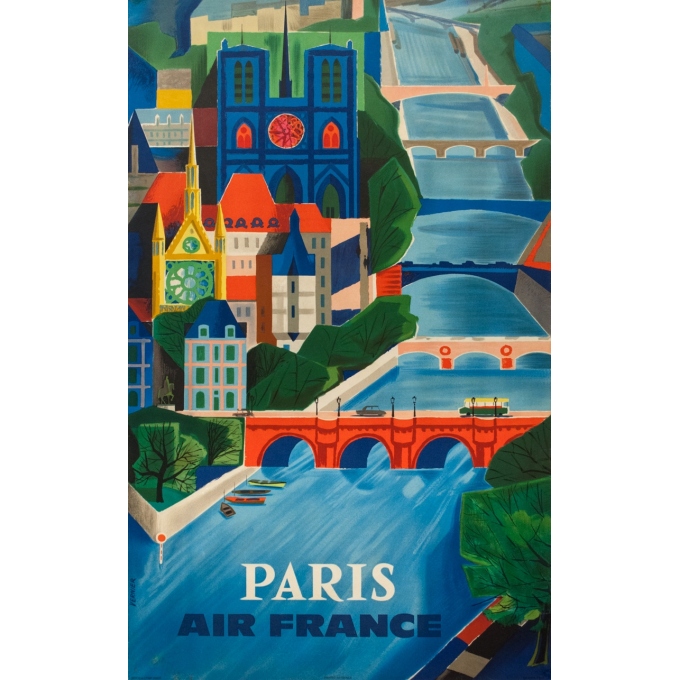 Vintage travel poster - Vernier - 1961 - Air France Paris Bridge - 39 by 24.2 inches