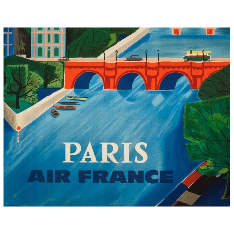 Vintage travel poster - Vernier - 1961 - Air France Paris Bridge - 39 by 24.2 inches - 3