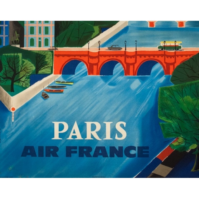 Vintage travel poster - Vernier - 1961 - Air France Paris Bridge - 39 by 24.2 inches - 3