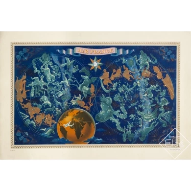 Affiche ancienne de voyage - Lucien boucher - 1951 - Air France Planisphère Constellation - 107.5 par 73 cm
