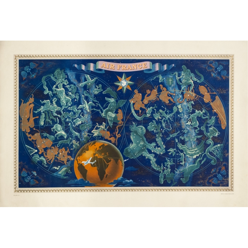 Affiche ancienne de voyage - Lucien boucher - 1951 - Air France Planisphère Constellation - 107.5 par 73 cm