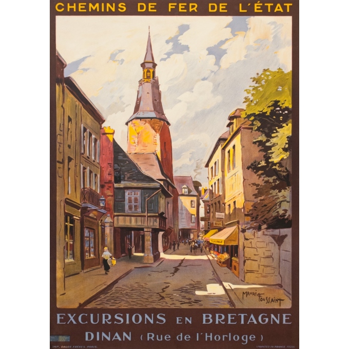 Affiche ancienne de voyage - Maurice Toussaint - 1928 - Dinan La Rue De L'Horloge Bretagne - 104.5 par 75 cm