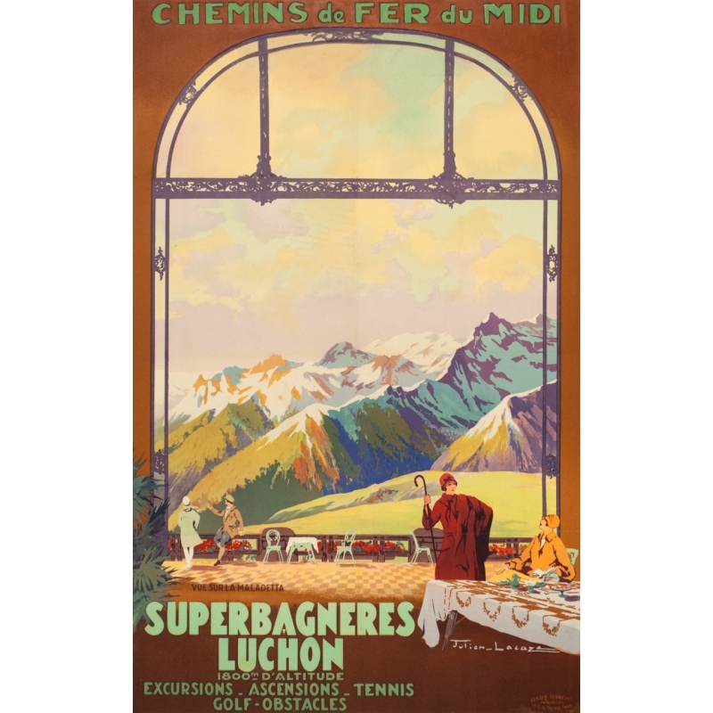 Affiche ancienne de voyage - Julien Lacaze - Circa 1920 - Superbagnères Luchon - 99.5 par 63 cm