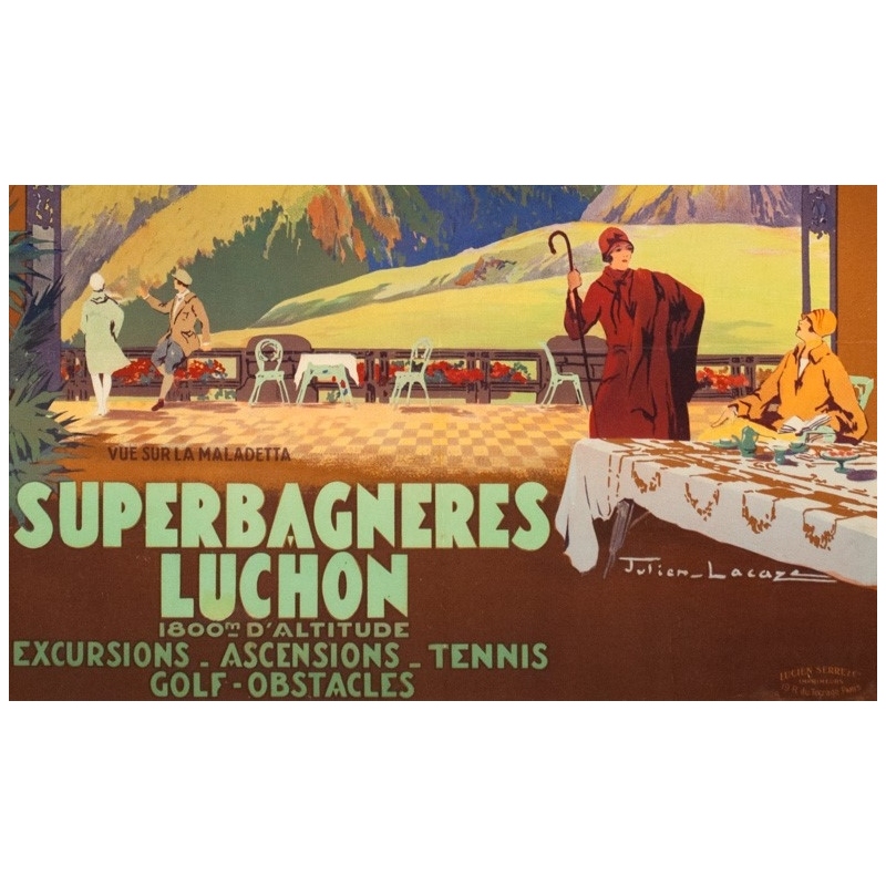 Vintage travel poster - Julien Lacaze - Circa 1920 - Superbagnères Luchon - 39.2 by 24.8 inches - 3