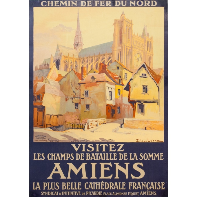 Affiche ancienne de voyage - Julien Lacaze - Circa 1910 - Amiens Visitez les Champs de Bataille de la Somme - 104 par 74 cm