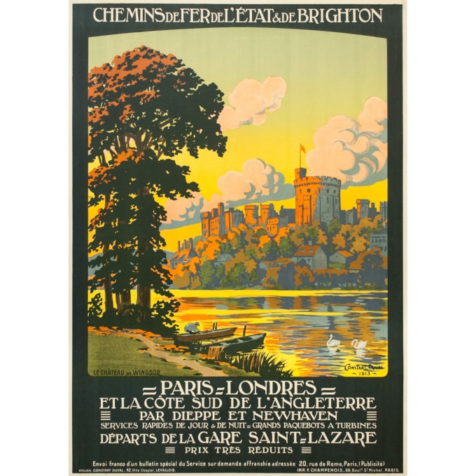 Affiche ancienne de voyage - Constant Duval - 1913 - Château De Windsor Uk Grande Bretagne - 105.5 par 75.5 cm