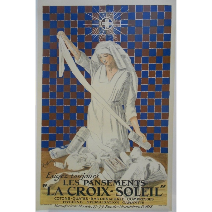 Affiche ancienne de publicité pour les pansements La Croix-Soleil. Elbé Paris.