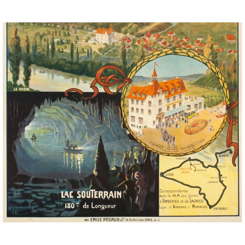 Affiche ancienne de voyage - Jacquier - Circa 1910 - Grotte De La Balme Dauphiné PLM - 107 par 76.5 cm - 3