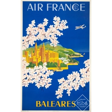 Vintage travel poster - Lucien Boucher - 1951 - Air France Baleares - 39 by 24.8 inches