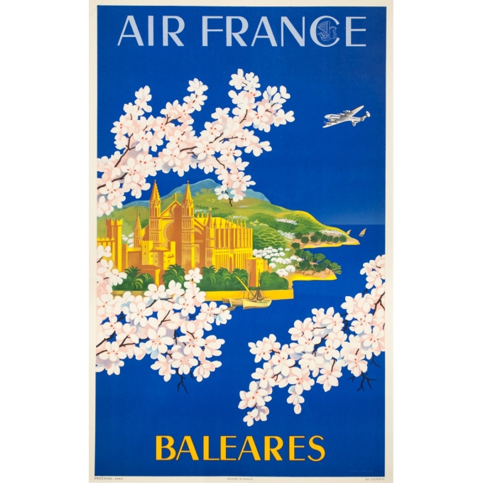 Vintage travel poster - Lucien Boucher - 1951 - Air France Baleares - 39 by 24.8 inches