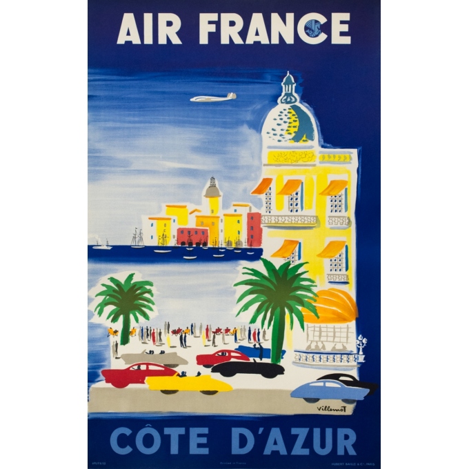 Affiche ancienne de voyage - Villemot - 1952 - Air France Côte d' Azur - 103 par 62 cm