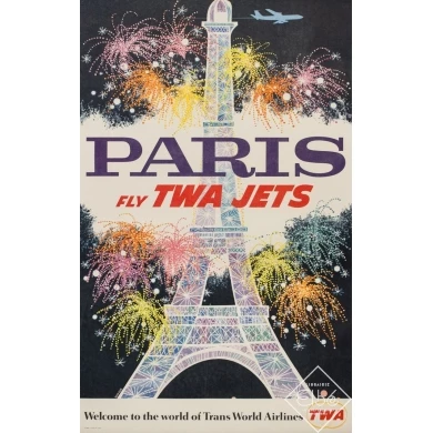 Original vintage travel poster TWA Jets Paris - David Klein - 41.7 by 24.8 inches