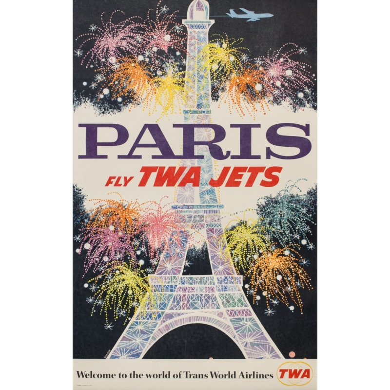 Affiche ancienne originale de voyage - TWA Jets Paris - David Klein - 106 par 63 cm Affiche ancienne originale de voyage - TWA Jets Paris - David Klein - 106 par 63 cm