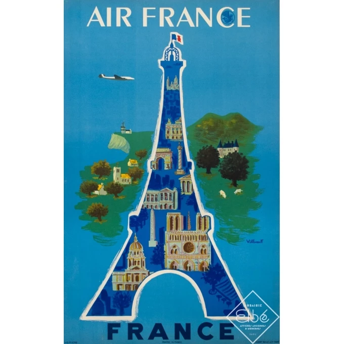 Affiche ancienne de voyage - Villemot - 1952 - Air France Tour Eiffel - 99 par 62.5 cm