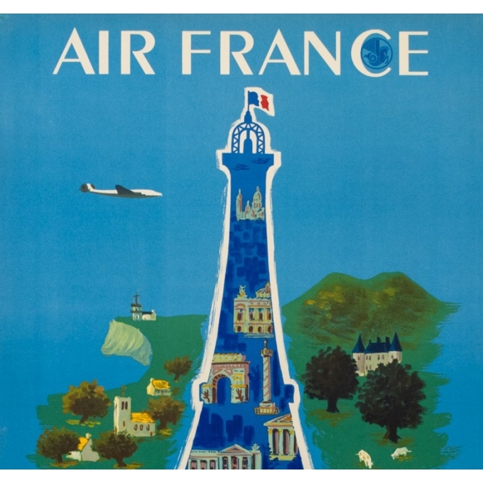 Affiche ancienne de voyage - Villemot - 1952 - Air France Tour Eiffel - 99 par 62.5 cm - 2