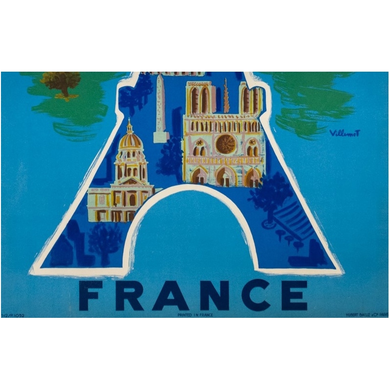 Affiche ancienne de voyage - Villemot - 1952 - Air France Tour Eiffel - 99 par 62.5 cm - 3
