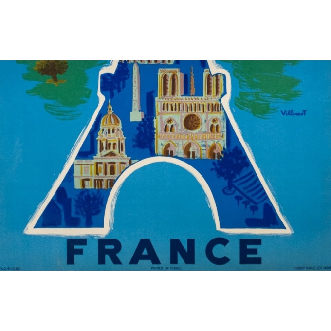 Affiche ancienne de voyage - Villemot - 1952 - Air France Tour Eiffel - 99 par 62.5 cm - 3