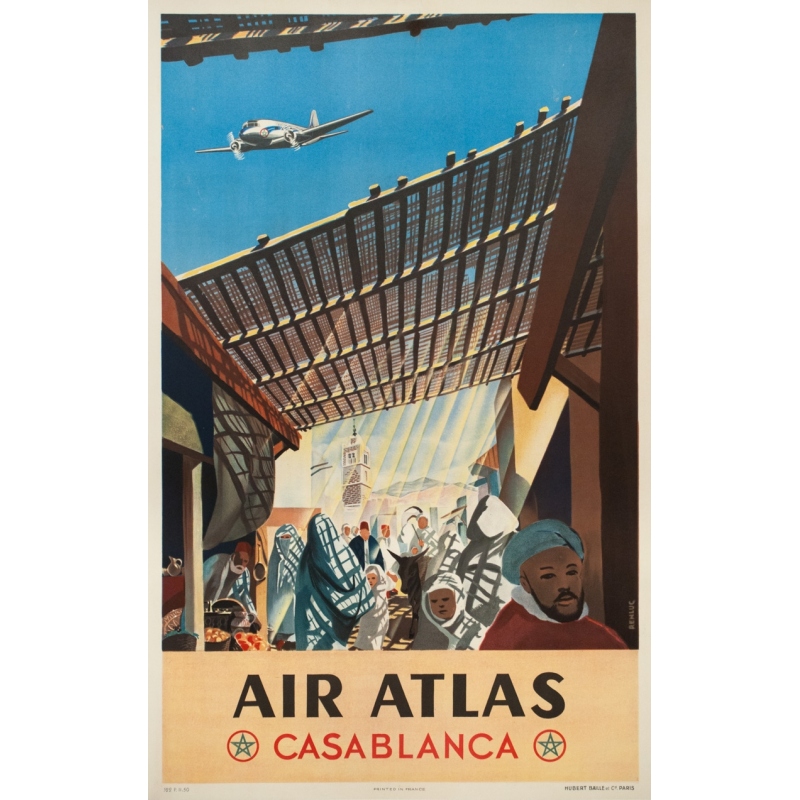 Vintage travel poster - Renluc - Circa 1950 - Air Atlas Casa Blanca - 40 by 25.2 inches