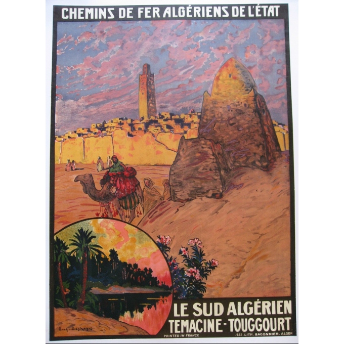 Affiche originale ancienne des chemins de fer de l'Etat algerien Temacine Touggourt. Elbé Paris.