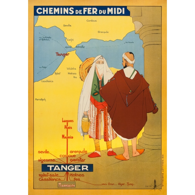 Affiche ancienne de voyage - J. Hole - 1929 - Tanger Maroc Chemins de Fer du Midi - 104 par 74 cm