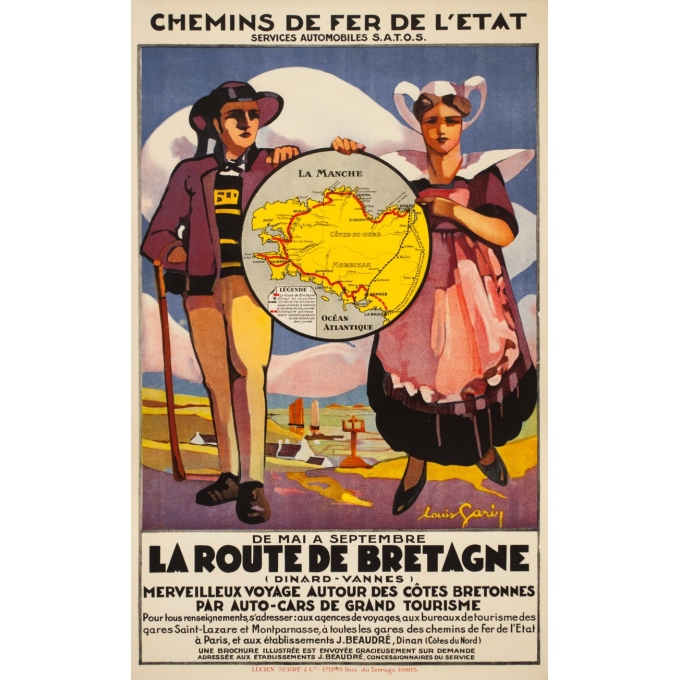 Affiche ancienne de voyage - Louis Garin - Circa 1920 - La Route De Bretagne Chemins de Fer de l'Etat - 100 par 66 cm