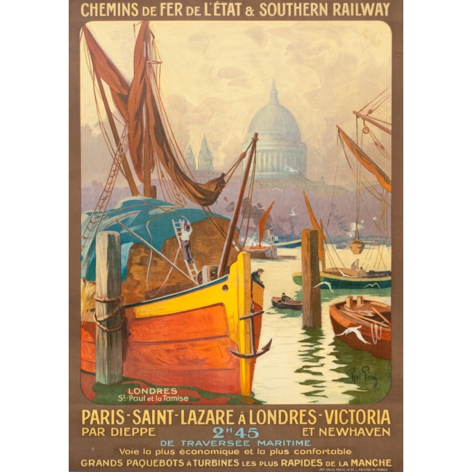 Affiche ancienne de voyage - René Péan - Circa 1910 - Londres Tamise Saint Paul Gb Uk - 104.5 par 74 cm