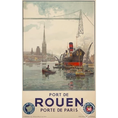 Vintage travel poster - Pellerier - 1935 - Port De Rouen Normandie - 39 by 24.4 inches