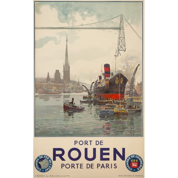 Affiche ancienne de voyage - Pellerier - 1935 - Port De Rouen Normandie - 99 par 62 cm