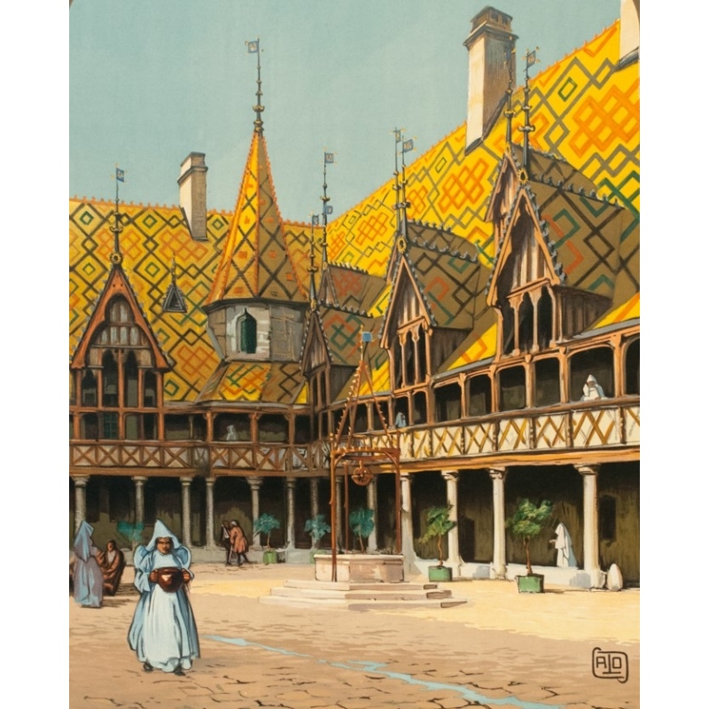Vintage travel poster - Hallo - Circa 1920 - Beaune Hospices Bourgogne PLM - 42.3 by 30.7 inches - 2