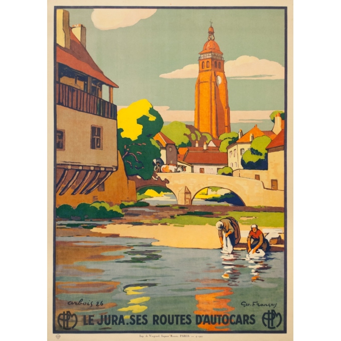 Affiche ancienne de voyage - Geo François - 1927 - Le Jura Arbois Ses Routes d'Autocars - 106.5 par 77 cm