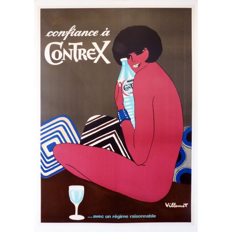 An original french vintage poster of the brand Contrex, signed by Villemot. Elbé Paris.