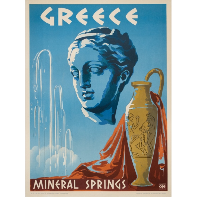 Affiche ancienne de voyage -  Circa 1950 - Greece Mineral Springs - 80.5 par 60 cm