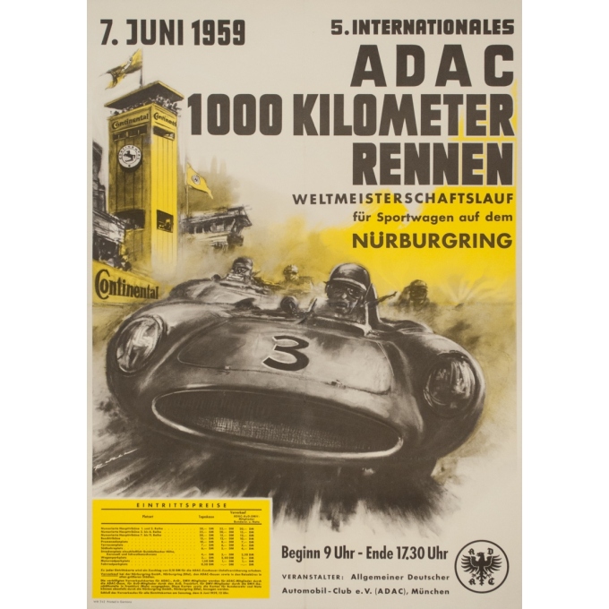 Affiche ancienne originale - 1959 - Nürburgring Adac 1000 Kilometer Rennen - 83.5 par 60 cm