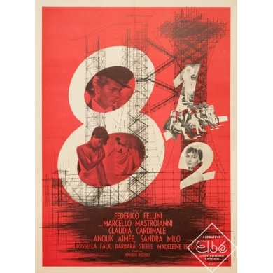Affiche ancienne de cinéma - 1963 - Huit Et Demi Frederico Fellini Marcello Mastroianni - 79 par 59 cm