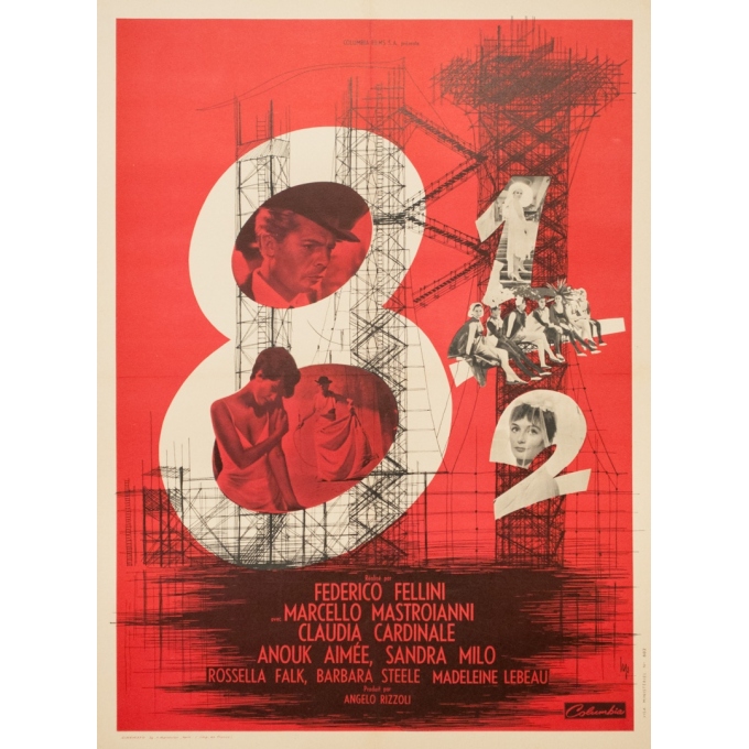 Affiche ancienne de cinéma - 1963 - Huit Et Demi Frederico Fellini Marcello Mastroianni - 79 par 59 cm