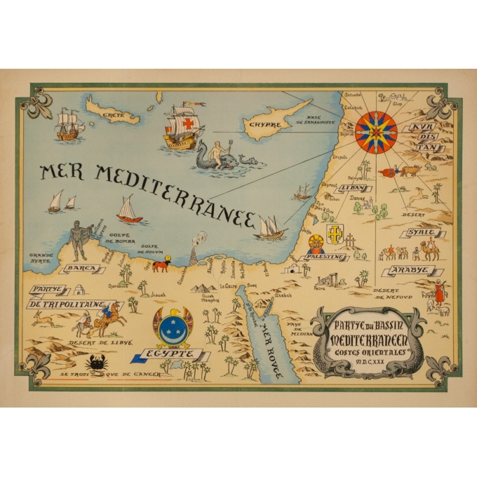 Affiche ancienne de voyage - Carte Partie Du Bassin Méditérraneen Côtes Orientales - 64 par 47 cm