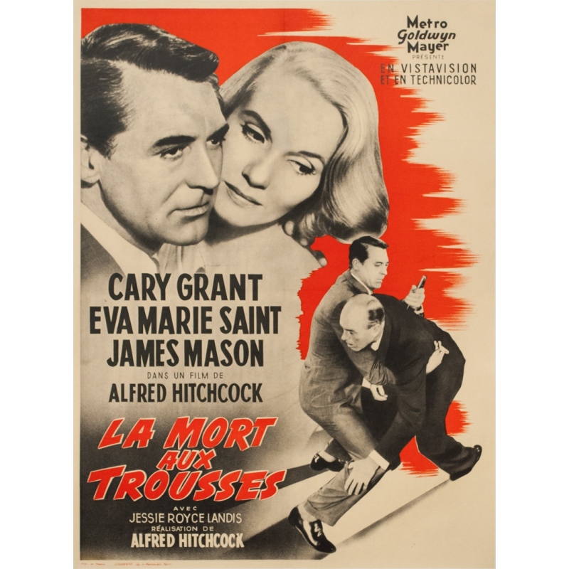 Affiche ancienne de cinéma - 1959 - La Mort Aux Trousses Alfred Hitchcock France - 77 par 57.5 cm