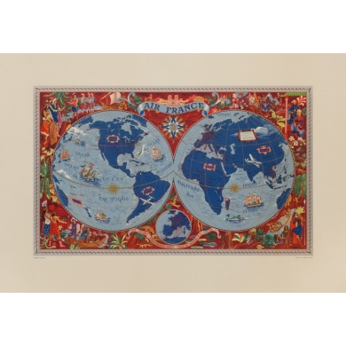 Affiche ancienne de voyage - Lucien Boucher - 1950 - Planisphère Air France - 72 par 50 cm