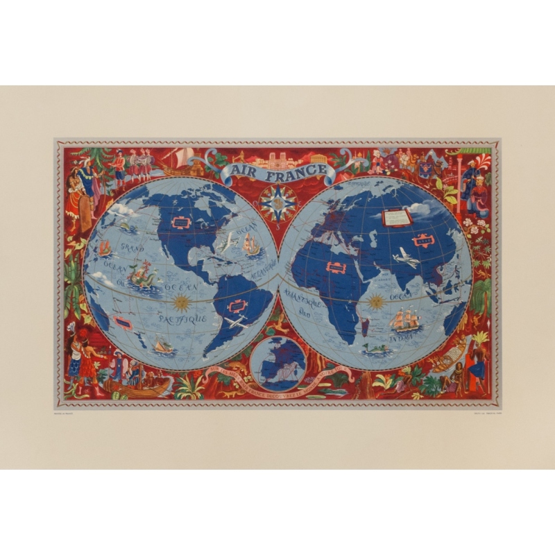 Affiche ancienne de voyage - Lucien Boucher - 1950 - Planisphère Air France - 72 par 50 cm