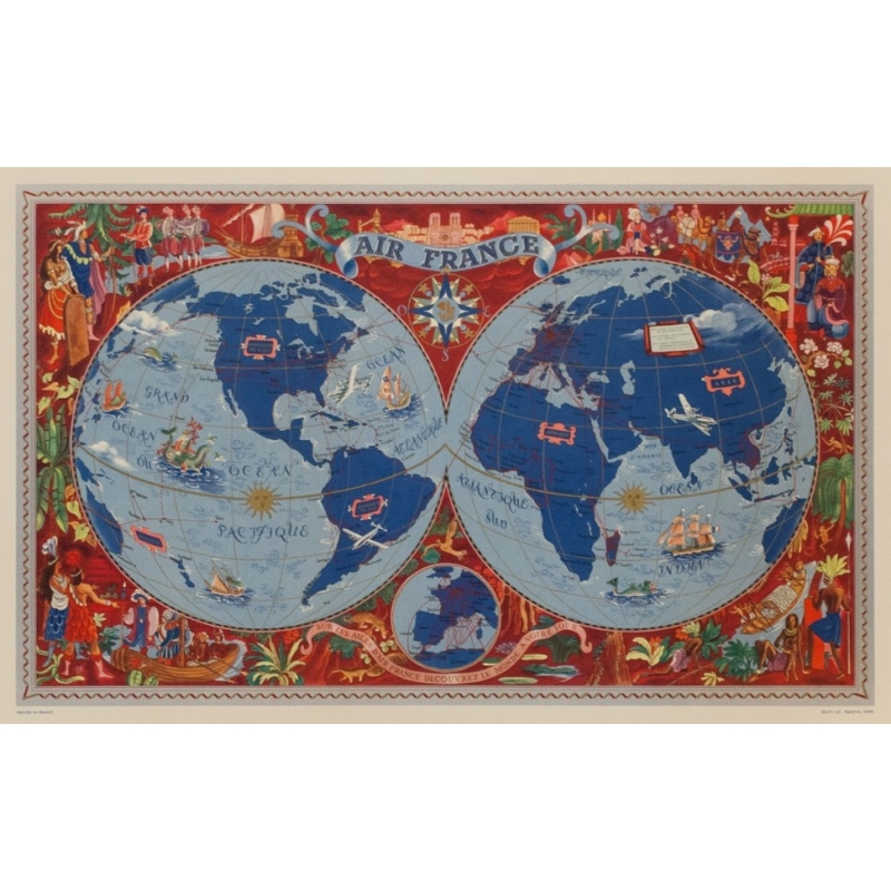 Affiche ancienne de voyage - Lucien Boucher - 1950 - Planisphère Air France - 72 par 50 cm - 2