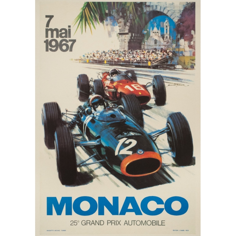 Affiche ancienne originale - Michael Turner - 1967 - Monaco 25E Grand Prix Automobile - 65 par 43 cm