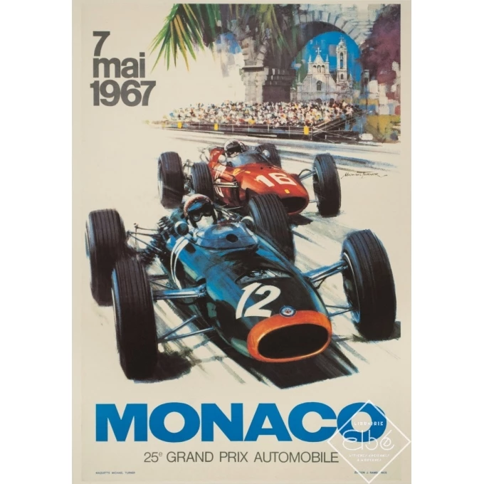 Affiche ancienne originale - Michael Turner - 1967 - Monaco 25E Grand Prix Automobile - 65 par 43 cm