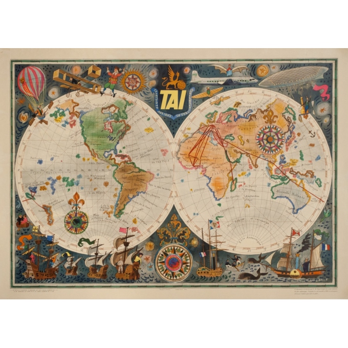 Affiche ancienne de voyage - Luc Marie Bayle - 1950 - Planisphère Tai - 78 par 56 cm