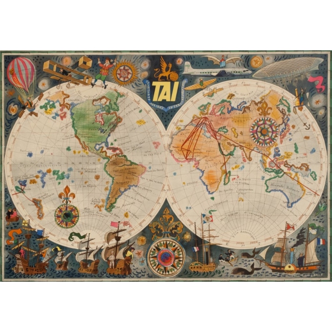 Affiche ancienne de voyage - Luc Marie Bayle - 1950 - Planisphère Tai - 78 par 56 cm - 2