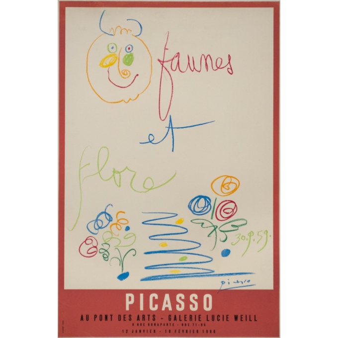 Affiche ancienne - Picasso - 1960 - Exposition Faunes et Flore Galerie Lucie Weill - 75 par 50 cm