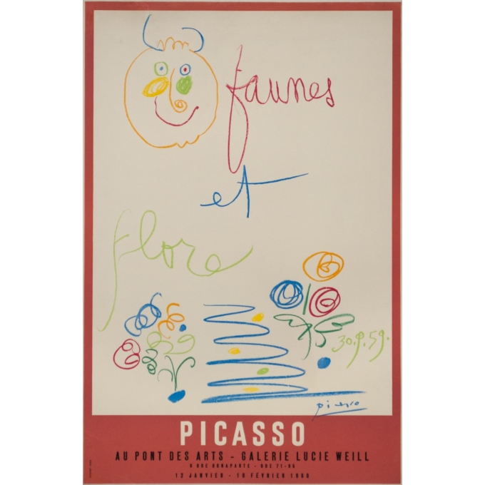 Vintage exhibition poster - Picasso - 1960 - Faunes et Flore Galerie Lucie Weill Au Pont Des Arts - 29.5 by 19.7 inches