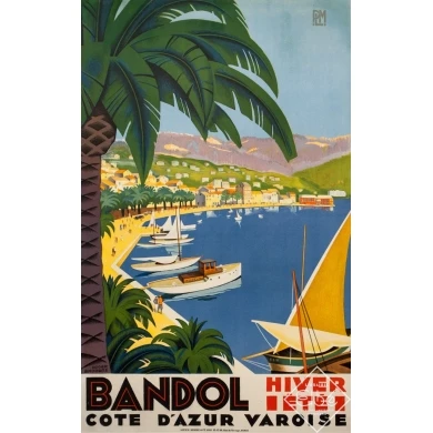 Vintage travel poster - Roger Broders - 1932 - Bandol Côte D'Azur Varoise - 39.2 by 24.4 inches