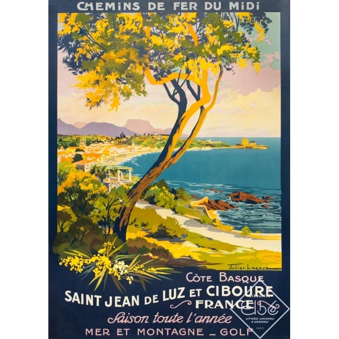 Affiche ancienne de voyage - Julien Lacaze - 1930 - Saint Jean De Luz Ciboure Côte Basque - 107 par 75.5 cm