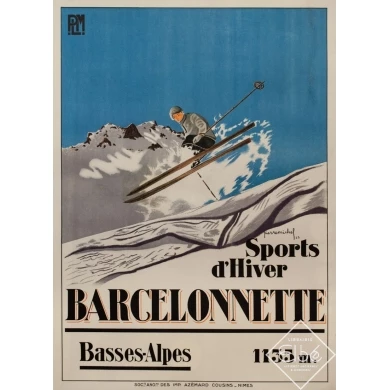 Affiche ancienne de voyage - Pierre Michel - 1928 - Barcelonette Plm Sports D'Hiver - 107.5 par 78 cm